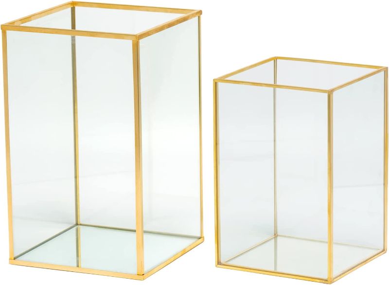 Photo 1 of yshengood Glass Hurricane Candle Holder Set of 2 PCS, Gold Frame and Glass Hurricane Candleholders
