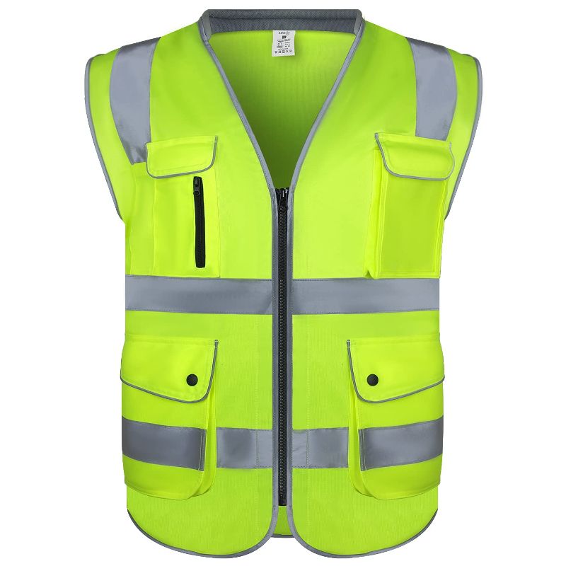 Photo 1 of amoolo Safety Vest with 9 Pockets, Zipper and Padded Neck, High Visibility Reflective Vest, ANSI/ISEA Type R Class 2, Yellow, 3XL
