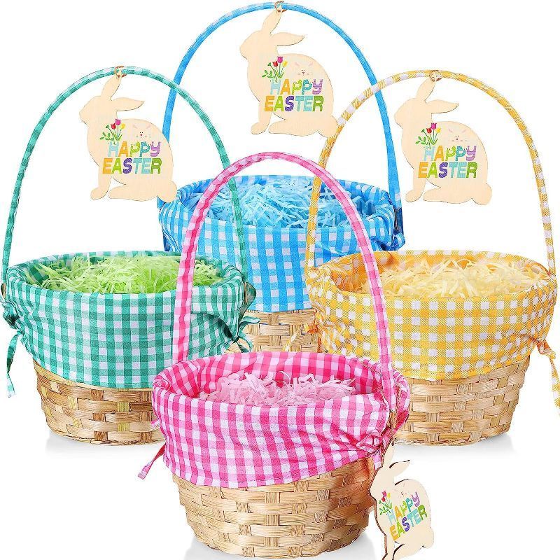 Photo 1 of 4 Pcs Easter Basket Picnic Basket Woven Basket With Handle Wooden Cute Baskets For Wood Basket Picnic Hamper Easter Eggs And Candy Basket With 4 Bags Lafite Grass 4 Pcs Rabbit Wood Chips (Plaid)
