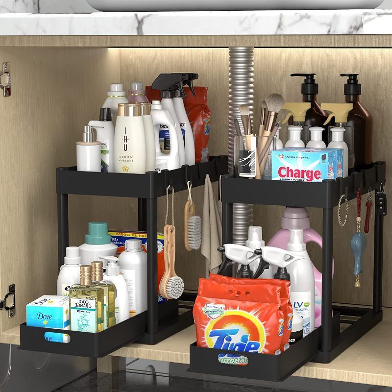 Photo 1 of 2PC Under Sink Organizer Rack 2 Tier Under Sink Storage Rack With 4 Hooks, Multi-Purpose Under Sink Storage For Bathroom Kitchen Desktop Black
