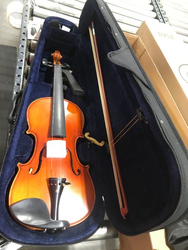 Photo 2 of PyleUsa Full Size Violin Premium Solid Wood Acoustic Fiddle Set Orchestral Musical Instrument Kit, Online Lessons, Hard Case, Bow, Tuner, Strings, Student Beginner to Advanced Adult, (PGVILN100)