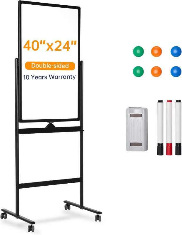 Photo 1 of Mobile Dry Erase Board on Wheels - 40 x 24 Magnetic Double Sided Whiteboard Easel,