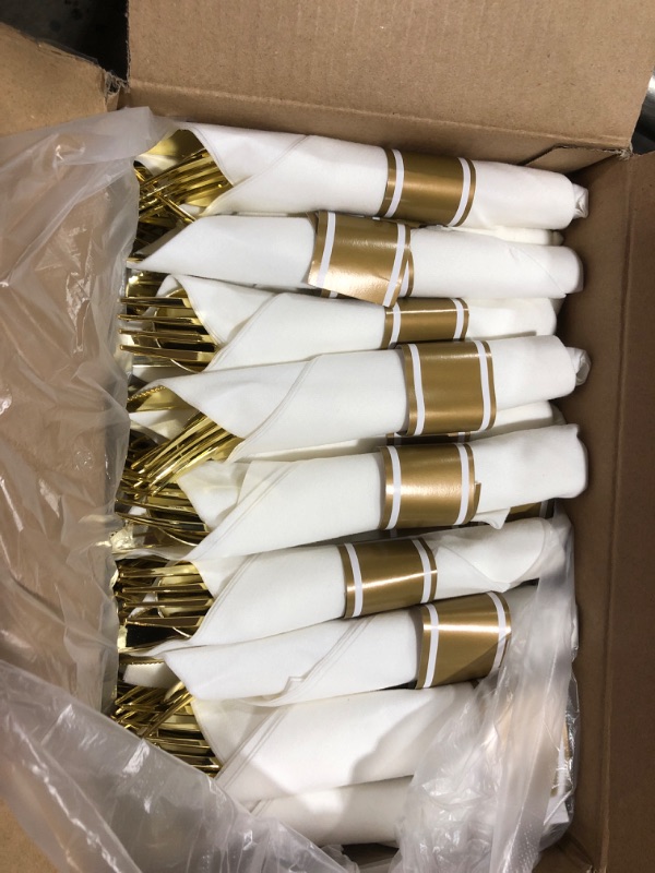 Photo 2 of 50 Gold Wrapped Plastic Cutlery Set with Napkin - By Zulzzy- Individually Pre Rolled Gold Silverware Disposable Ideal for Parties, Weddings, 50 Forks, Spoons & Knives with White Napkins