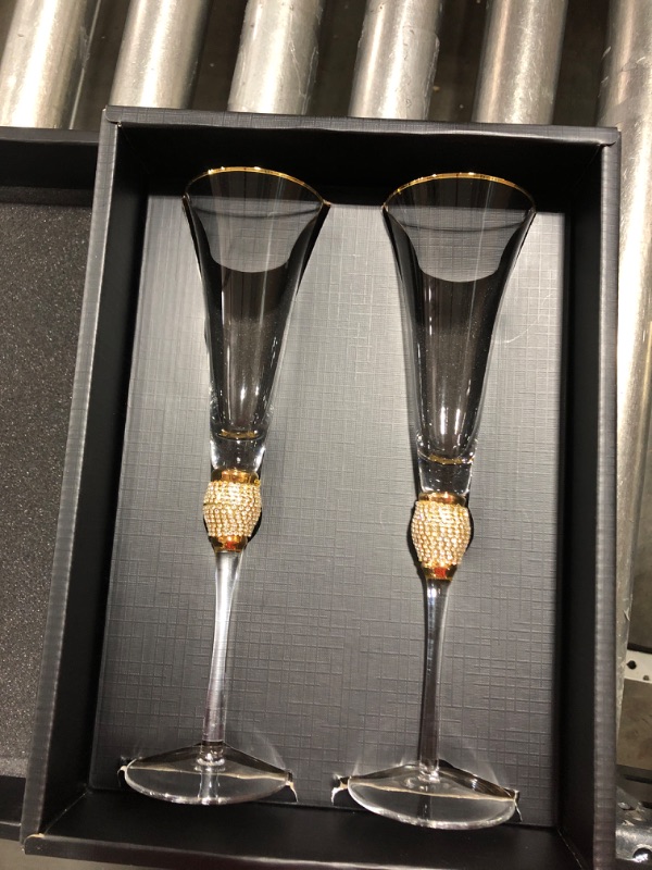 Photo 1 of 2 Pieces Rhinestone Champagne Flutes Wedding Toasting Glasses 7 Oz Rim Diamond Wine Glasses Long Stem Glassware for Wedding, Parties, Anniversary Supplies (Gold