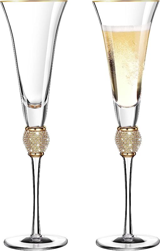 Photo 1 of 2 Pieces Rhinestone Champagne Flutes Wedding Toasting Glasses 7 Oz Rim Diamond Wine Glasses Long Stem Glassware for Wedding, Parties, Anniversary Supplies (Gold