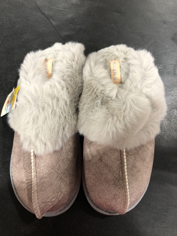 Photo 2 of KuaiLu Womens Fluffy Dual Memory Foam Slippers Ladies Cozy Arch Support Warm Scuff Slippers Slip on Comfy Winter House Shoes with Non-Slip Indoor Outdoor Hard Sole SIZE 5/6 Grey