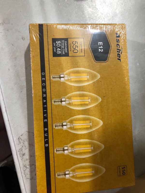 Photo 2 of Ascher E12 Candelabra LED Light Bulbs 60 Watt Equivalent, 550 Lumen, Warm White 2700K, Clear LED Filament Candle Bulbs, Non-Dimmable, Pack of 5
