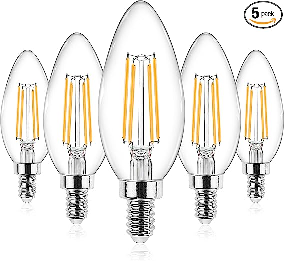 Photo 1 of Ascher E12 Candelabra LED Light Bulbs 60 Watt Equivalent, 550 Lumen, Warm White 2700K, Clear LED Filament Candle Bulbs, Non-Dimmable, Pack of 5
