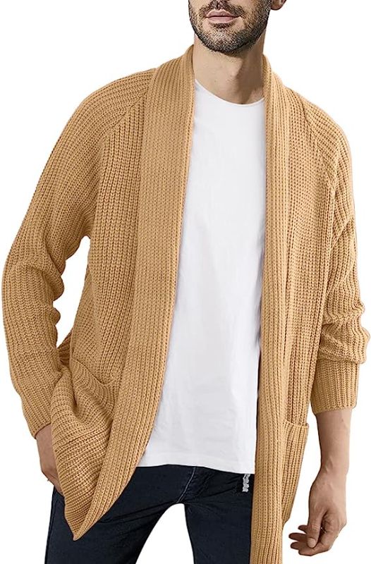 Photo 1 of Aoysky Mens Shawl Collar Cardigan Sweater Casual Long Sleeve Cotton Open Front Knit Sweater with Pockets