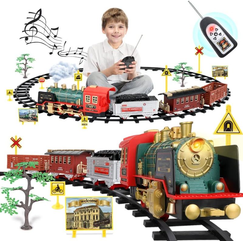 Photo 1 of Christmas Electric Train Set with Steam, Sound & Light, Remote Control Train Toys w/Steam Locomotive Engine, Cargo Cars & Tracks, Toy Train w/Rechargeable Battery