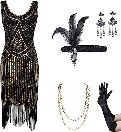 Photo 1 of  Womens 1920s Flapper Sequin Beads Dress with Roaring 20s Gatsby Accessories Set for Party