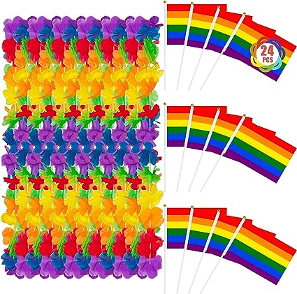 Photo 1 of 24 PCS Rainbow Pride Stuff, Including 12 PCS Pride Leis Necklaces & 12 PCS Rainbow Handheld Flags, Quality Polyester Pride Decorations for Gay Pride Month Parade Party Favors LGBT Event Cosplay
