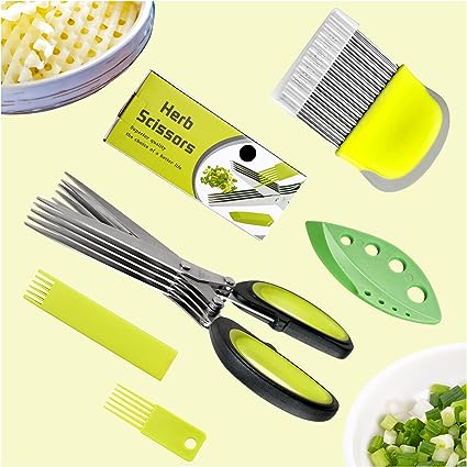 Photo 1 of LimeHill Herb Scissors Crinkle Cutter - Master Culinary Multipurpose Cutting Shears with Stainless Steel 5 Blades, Herb Stripper, Safety Cover and Cleaning Comb for Cutting (Green)
