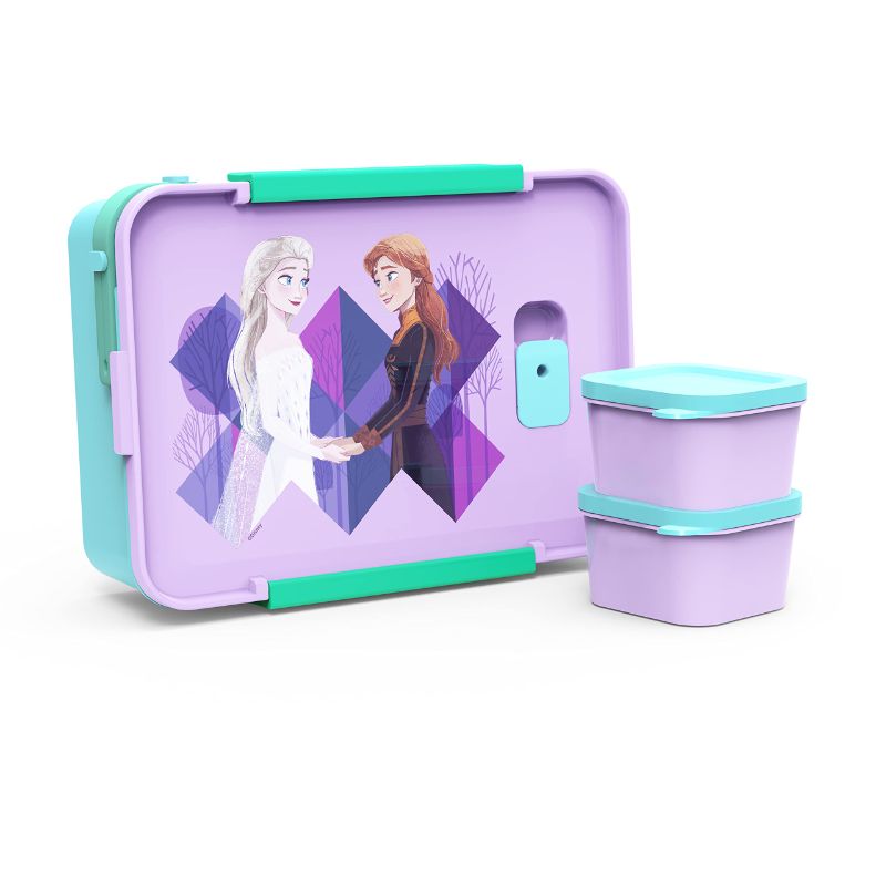 Photo 1 of Zak Designs Disney Frozen 2 Reusable Plastic Bento Box with Leak-Proof Seal, Carrying Handle, Microwave Steam Vent, and Individual Containers for Kids' Packed Lunch (3 PCs Set, Anna & Elsa)