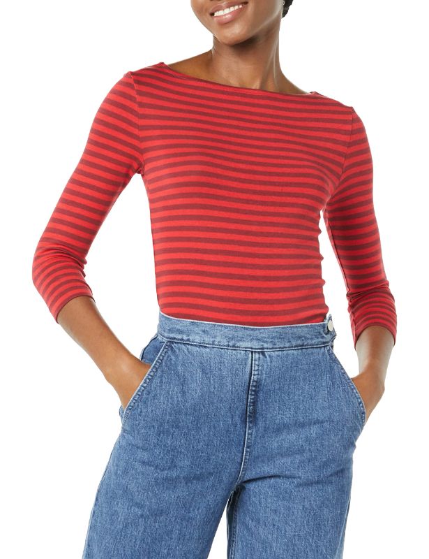 Photo 1 of Amazon Essentials Women's Slim-Fit 3/4 Sleeve Solid Boat Neck T-Shirt Small Red/Burgundy, Stripe - SIZE SMALL 