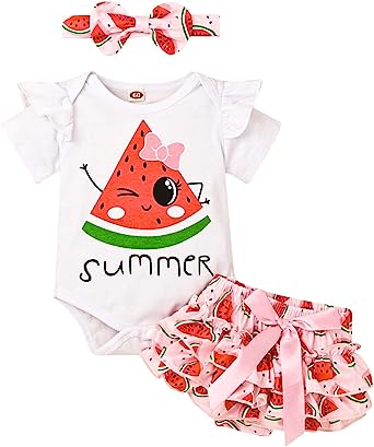 Photo 1 of DOMOABEI Newborn Baby Girl Clothes Infant Summer Shorts Set Ruffle Romper Cute Baby Clothes Summer Outfits Set 3-6 Months 