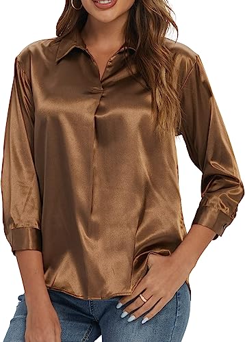 Photo 1 of Aeuui Womens Tops Dressy Casual V-Neck 3/4 Sleeve Shirts Business Casual Outfits for Women Satin Blouse Tunic Tops - XL