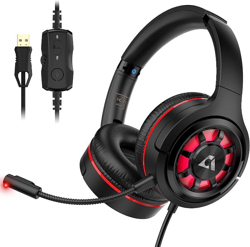 Photo 1 of 1Mii Ankbit USB Gaming Headset for PC Laptop PS4/PS5 w/Virtual 7.1 Stereo 3D Surround Sound, 50mm Drivers USB Gaming Headphones Detachable Mic, RGB LED Light, Volume Control PC Gaming Headset -EG03
