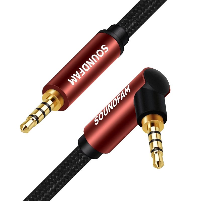 Photo 1 of SOUNDFAM 26FT Aux Cable 3.5mm Audio Cable 90 Degree Right Angle Angle Auxiliary Hi-Fi Stereo TRRS Jack - Support Mic Function
