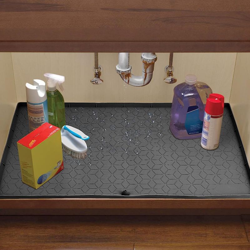 Photo 1 of 34"x22" Under Sink Mat Kitchen Cabinet Tray, Flexible Waterproof Silicone Made Cabinet Protector Mat, Hold up to 2~3 Gallons Liquid, Fit 36" Cabinets (Black)
