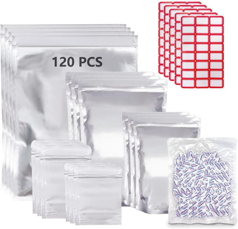 Photo 1 of 120 PCS Mylar Bags For Food Storage, 1 Gallon Mylar Bags With Oxygen Absorbers - 300CC×120, Large Aluminum Mylar Bags 1 Gallon 10"x14", 1 Quart 9.5"x6.7", 4.5"x6.5", 3.6"x5.2", 3.2"x4.4"

