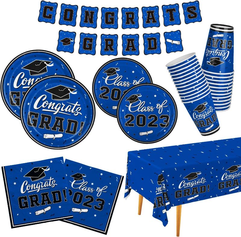 Photo 1 of 2 pack - Graduation Party Supplies Gatherfun 2023 Graduation Party Dinnerware Set Blue Disposable Paper Plates Napkins Cups Tablecloth Banner for Congrats Grad Party Decorations, Serve 50
