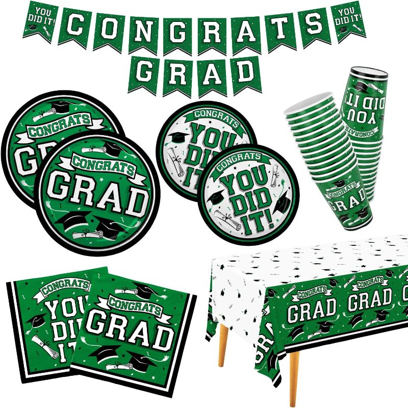 Photo 1 of 2 pack - Graduation Party Supplies Graduation Party Dinnerware Set green Disposable Paper Plates Napkins Cups Tablecloth Banner for 2023 Congrats Grad Party Decorations, Serve 50
