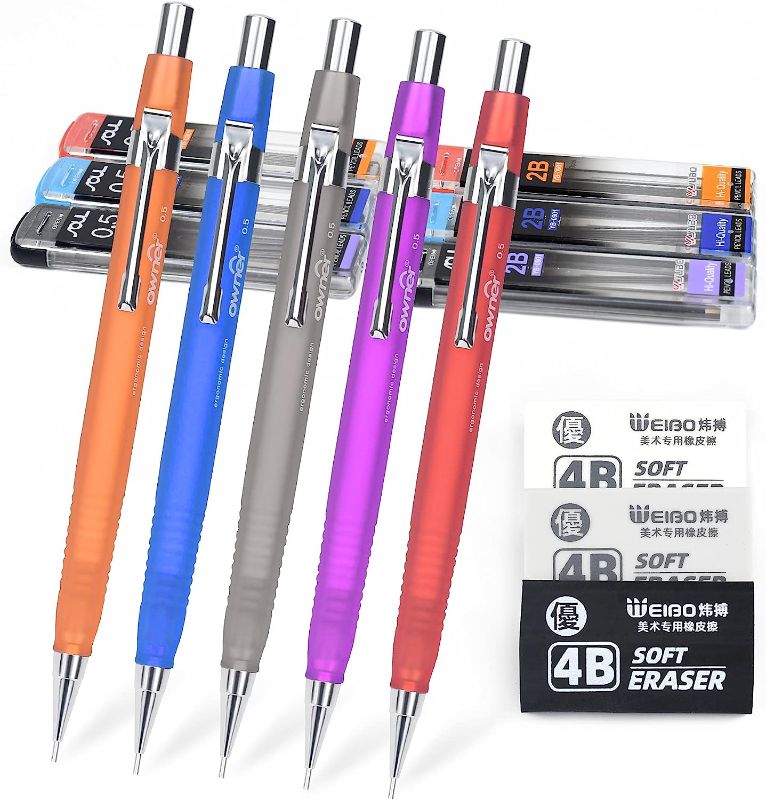 Photo 1 of Weibo Mechanical Pencil Set with 6-tube 2B pencil leads and 3 4B erasers (0.7 anti fracture leads, comfortable grip, automatic for office and school children's painting)