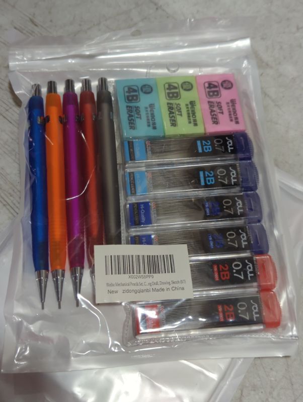 Photo 2 of Weibo Mechanical Pencil Set with 6-tube 2B pencil leads and 3 4B erasers (0.7 anti fracture leads, comfortable grip, automatic for office and school children's painting)