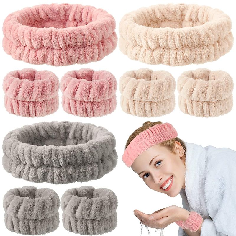 Photo 1 of 9 Pcs Reusable Spa Headband Wrist Washband Face Wash Set Include 3 Microfiber Headband 6 Wrist Washband for Women Girls Avoid Liquid from Spilling Down Arms(Hot Pink, Beige, Coffee,Gentle Style) 