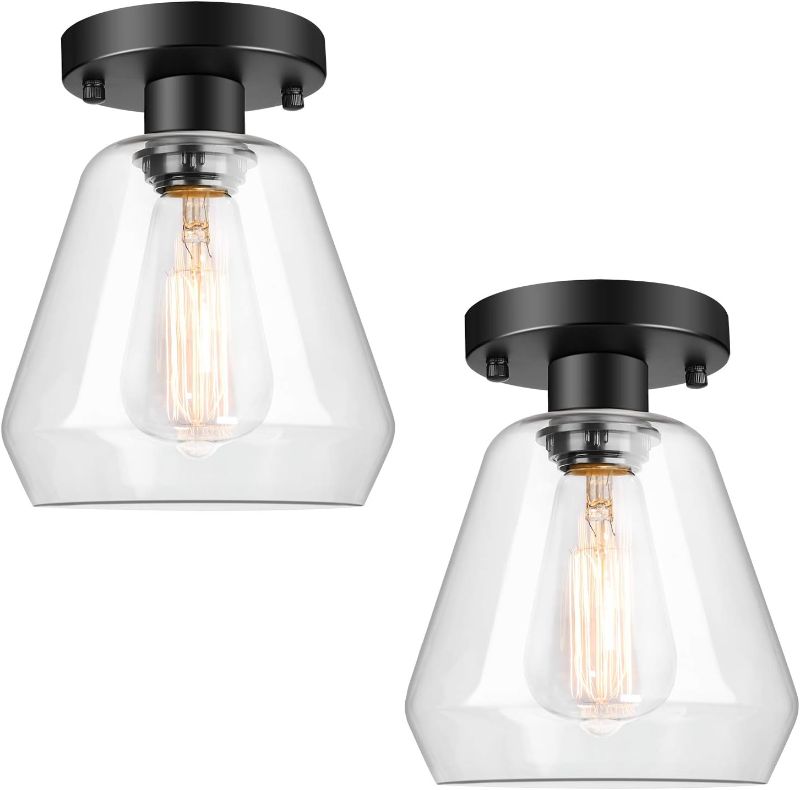 Photo 1 of 2-Pack Modern Industrial Semi Flush Mount Ceiling Light with Clear Glass Shade, Black Farmhouse Ceiling Light Fixtures for Hallway Bedroom Porch Kitchen Corridor, E26 Socket, Bulbs Not Included 