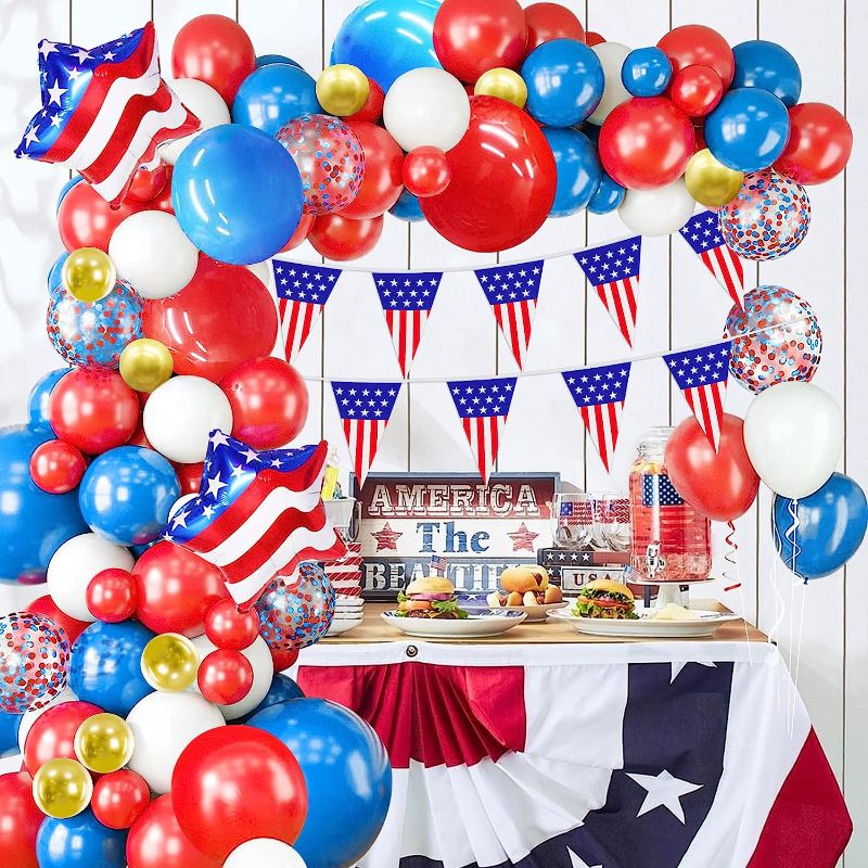 Photo 1 of 4th of July Decorations Balloons Arch Garland Kit, 107PCS Red White and Blue Balloons with American Flag Banner Party Supplies for Home Outdoor Patriotic Independence Day Decor Home Outdoor 