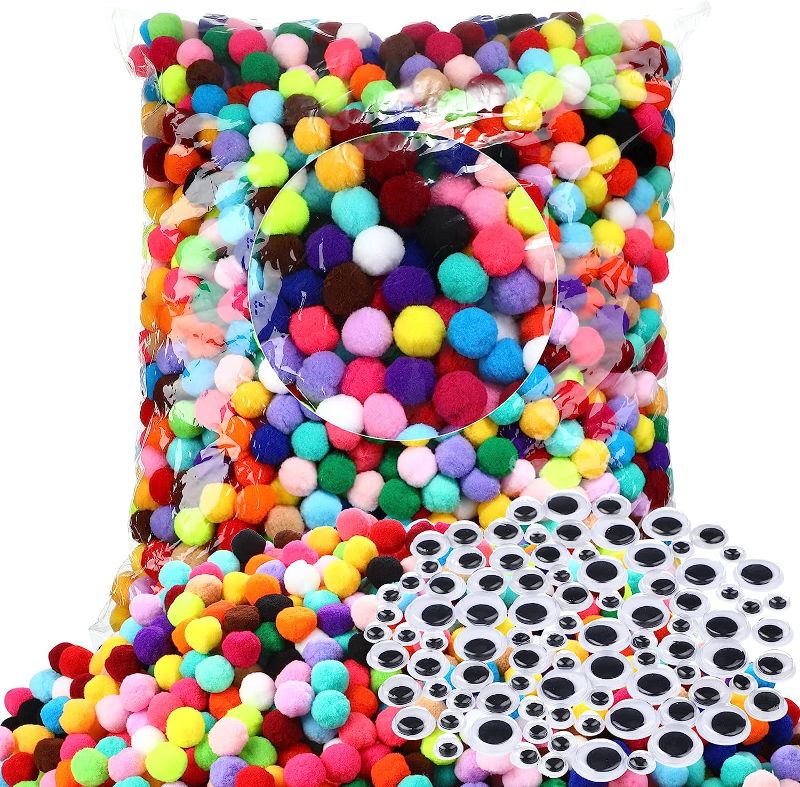 Photo 1 of 2000 Pcs 1 Inch Assorted Pom Poms 220 Pcs Self Adhesive Googly Eyes Craft Pompoms Wiggle Eyes Pom Pom Balls Puff Balls for Arts Projects DIY Creative Decorations, Multi Colors 