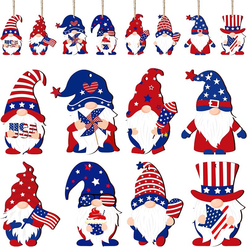 Photo 1 of 4th of July Gnome Ornaments Patriotic Tree Ornaments Memorial Day Red White Blue Wooden Gnome Hanging Decor Independence Day Leprechaun Cutouts Pendant for Home Party Supplies (24 Pieces) 