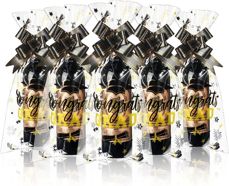 Photo 1 of 100 Pcs Graduation Wine Bottle Gift Bags Grad Party Wine Bottles Cover Cellophane Bags Wrapping Bags with 100 Pull Bows Plastic Cello Bags for College Graduation Party Decor Favor (Black, Gold) 