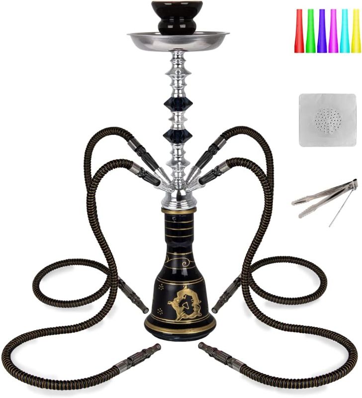 Photo 1 of 21'' 4 Hose Hookah Set with Everything Glass Shisha Vase - Include 50 Disposable Tips, 50 Pre-Punched Aluminum Foil (Black)
