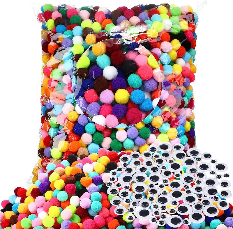 Photo 1 of 2000 Pcs 1 Inch Assorted Pom Poms 220 Pcs Self Adhesive Googly Eyes Craft Pompoms Wiggle Eyes Pom Pom Balls Puff Balls for Arts Projects DIY Creative Decorations, Multi Colors
