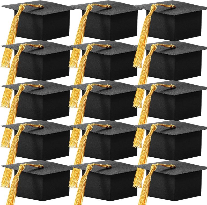 Photo 1 of 100 Pieces Graduation Cap Shaped Gift Box Grad Cap Candy Sugar Chocolate Box with Tassel for Graduation Party Favor Accessories (Yellow, 100 Pieces) - 2 Pack 
