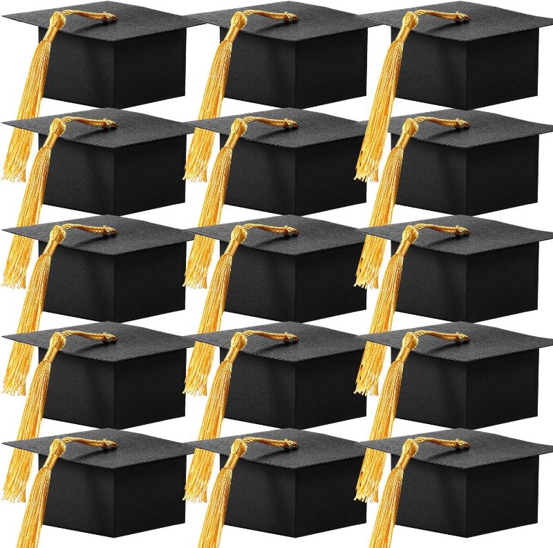 Photo 1 of 100 Pieces Graduation Cap Shaped Gift Box Grad Cap Candy Sugar Chocolate Box with Tassel for Graduation Party Favor Accessories (Yellow, 100 Pieces)
