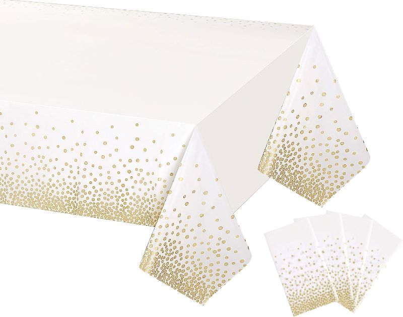 Photo 1 of 4 Pack White Gold Dotted Plastic Tablecloth for Rectangle Tables,Waterproof Disposable Party Table Cloths,Table Covers with White and Gold for Parties, Graduation,Wedding,54” x 108”