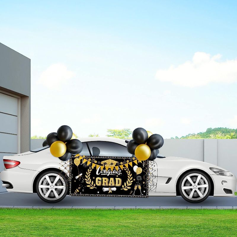 Photo 1 of 2023 Graduation Party Decorations Congrats Grad Parade Car Decoration Kit 2023 Congrats Grad Car Banner with Rope, Triangle Bunting Flags, Garlands String Polka Dot Hanging Swirls Black Gold Balloons
