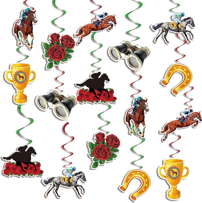 Photo 1 of 32Pcs Kentucky Derby Hanging Swirl, Kentucky Derby Decorations Party Supplies,Double Sides Horse Party Decorations Hanging Whirls Glitter Foil Ceiling Swirls Streams
