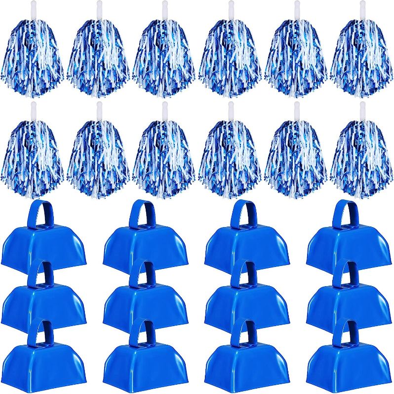 Photo 1 of 24 Pcs Cheerleading Pom Poms and Metal Cowbell Set Include 12 Pcs Blue and White Cheer Pom Poms with Handle 12 Pcs Metal Cow Bells Noise Makers Party Favors for Football Sports Team Dance Cheering
