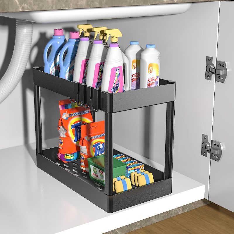 Photo 1 of 2PC Under Sink Organizer Rack 2 Tier Under Sink Storage Rack with 4 Hooks, Multi-purpose Under Sink Storage for Bathroom Kitchen Desktop?Black?