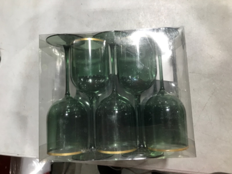 Photo 2 of [12 Oz - 5 Pk Green] HomeyGear Plastic Green W Gold Rim Goblets Wine Glasses BPA Free 12 Oz Disposable Elegant Drink Cups for Parties Wedding Receptio