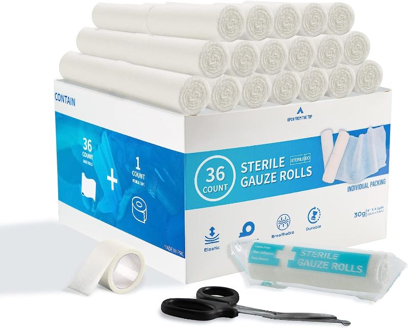 Photo 1 of (36 Rolls, 4” X 4.1yards) Sterile Conforming Gauze Bandage Rolls, Medical First Aid Bandage Wrap for Wound Dressing, Premium Rolled Gauze with Surgical Tape and Scissor, Latex Free and Stretchable 