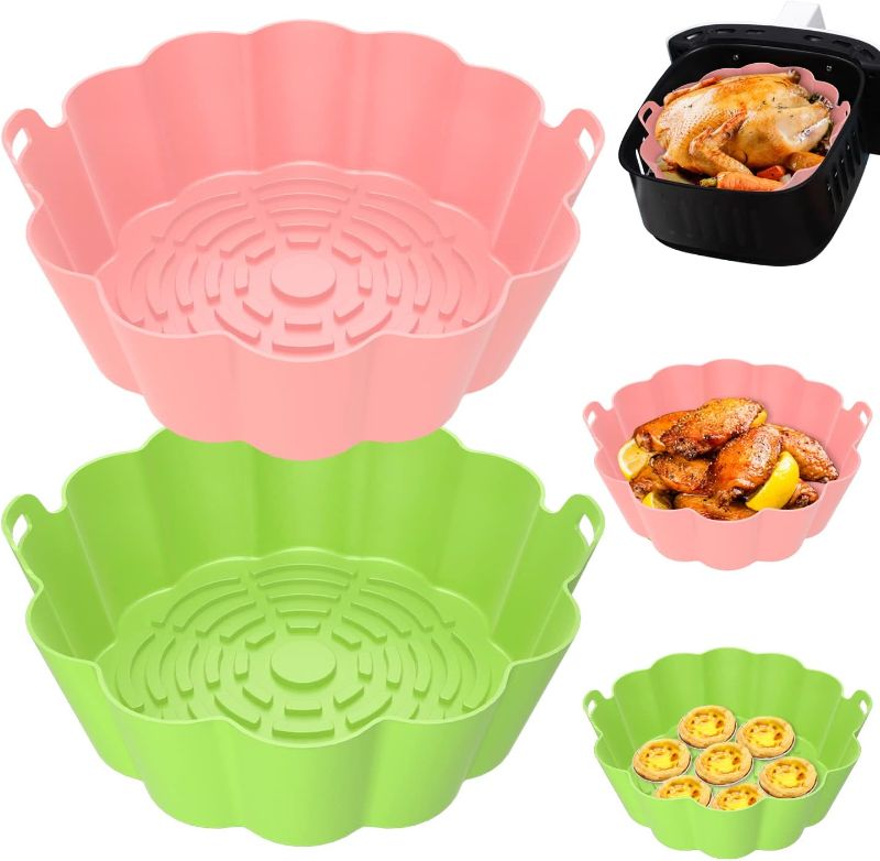 Photo 1 of 2 Pack Air Fryer Silicone Liners, Air Fryer Accessories for 3 to 5 QT, Replacement of Flammable Parchment Paper, Reusable Airfryer Liners Silicone, Baking Tray, Pink+Green, (Top 7.5in, Bottom 6.6in)