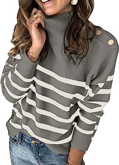 Photo 1 of Asvivid Striped Turtleneck Button Knit Sweaters for Women Lightweight Long Sleeve Knit Pullover Jumper Tops Medium
