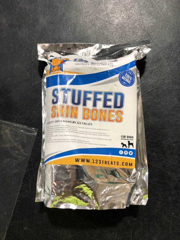 Photo 2 of 123 Treats, Peanut Butter Filled Bones for Dogs, Healthy PB Dog Snacks for Chewing, Stuffed Shin Bones, Long Lasting Chews for Dogs, 5 to 6” Cow Bones, 2 Count, Individually Shrink Wrapped Peanut Butter 5-6" 1 Count (Pack of 2) Best By October 2024