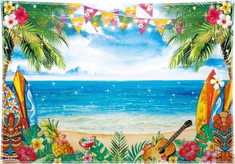 Photo 1 of 68x45inch Summer Hawaiian Backdrop Aloha Luau Tiki Beach Surfboard Photography Background Supplies Ocean Tropical Flower Palm Leaves Party Decorations Photo Banner Booth Props 